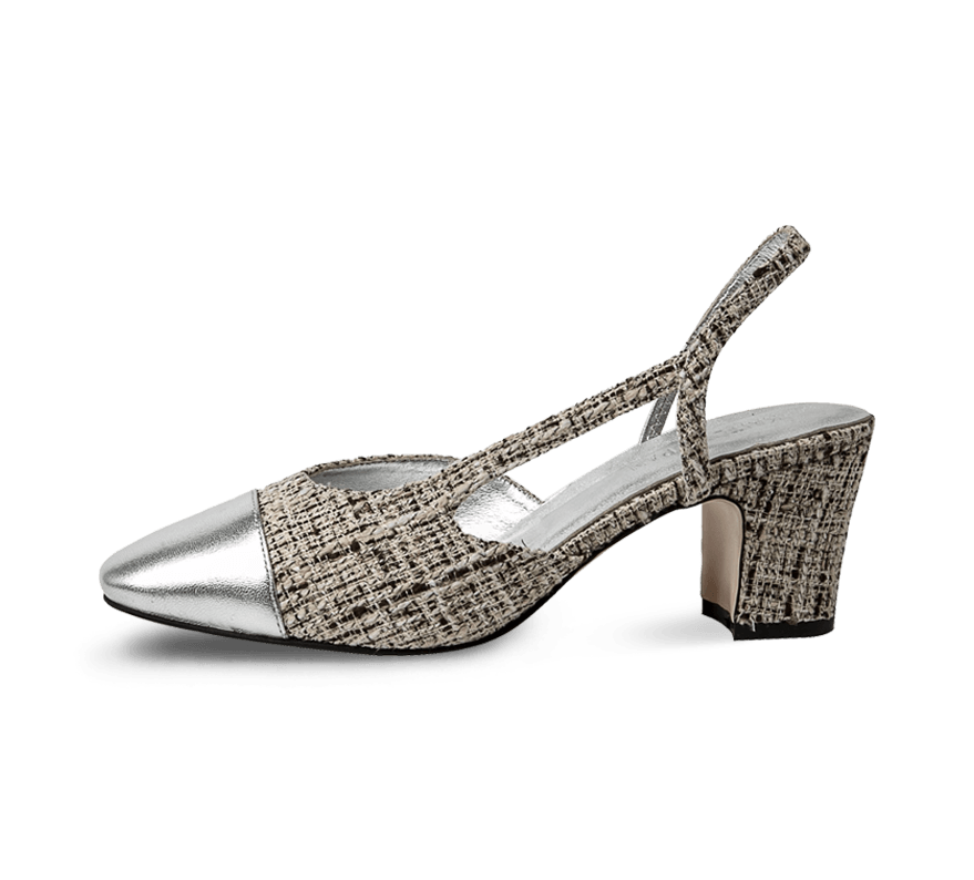 Two Tone Silver Toe Block Heel Slingback Sandals Kaitlyn Pan Shoes