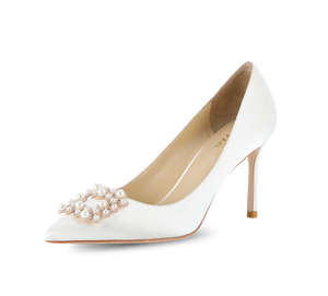 Crystal Pearl Buckled Satin Pumps - Kaitlyn Pan Shoes